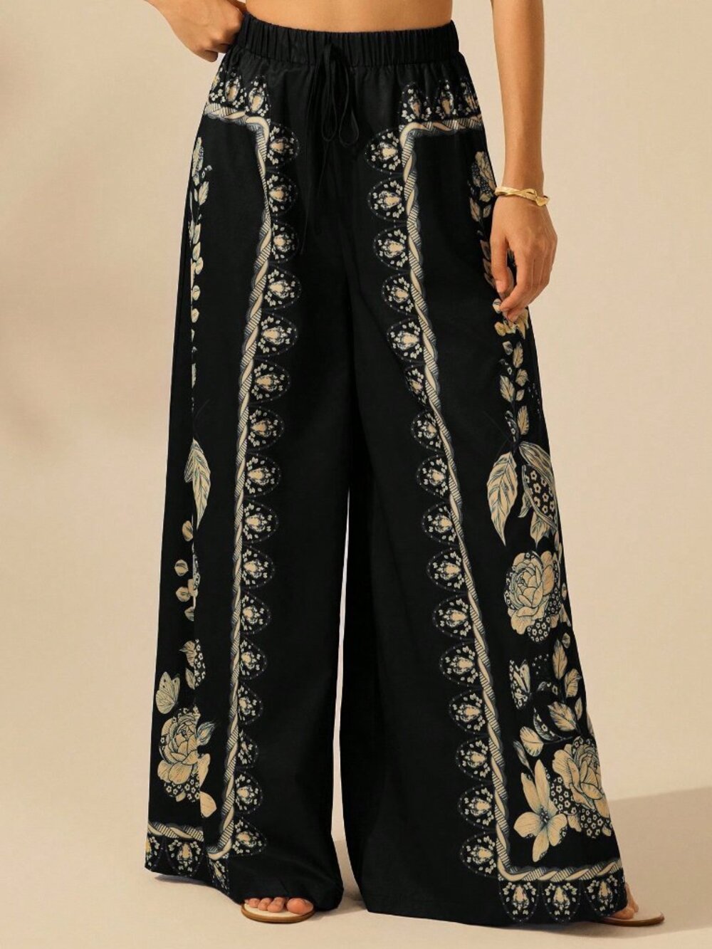 Black Boho Women's Tropical Plant Print Palazzo Pants - Picture 4 of 7